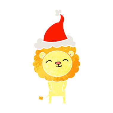 Noel Baba şapkası giyen aslan retro çizgi film el çekilmiş