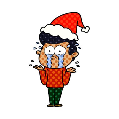 Noel Baba şapkası giyen bir ağlayan adam çizgi roman tarzı çizimi el çekilmiş