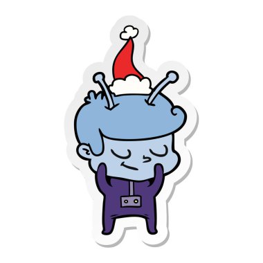 Noel Baba şapkası giyen bir uzaylı etiket karikatür utangaç el çekilmiş