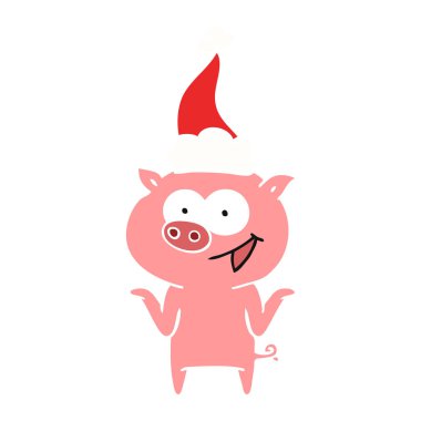 Noel Baba şapkası giyen merak etmeyin bir domuzla elle çizilmiş düz renk gösteren resim