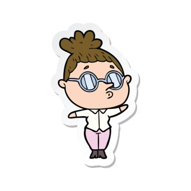 gözlük takan bir karikatür kadının etiket