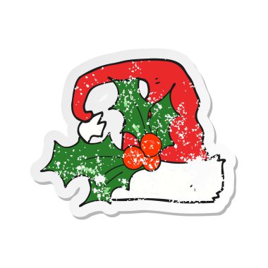 Retro sıkıntılı etiket bir karikatür Noel holly şapka