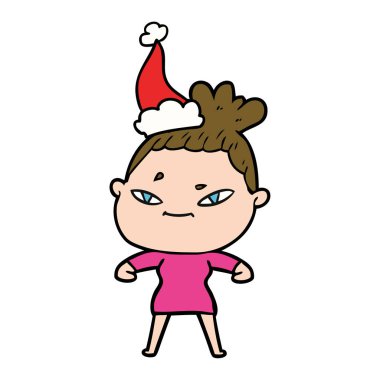 çizim için Noel Baba şapkası giyen bir kadın el çekilmiş