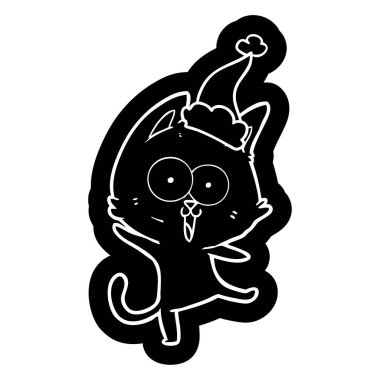 Noel Baba şapkası giyen bir kedinin komik ilginç karikatür simgesi