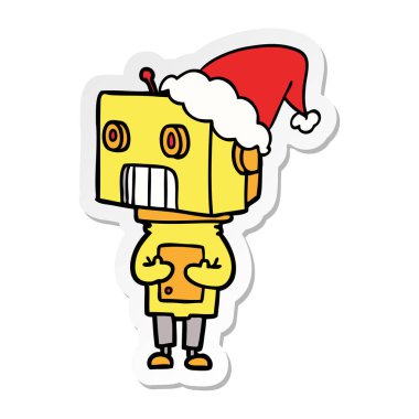 etiket karikatür Noel Baba şapkası giyen bir robot el çekilmiş