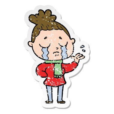 bir çizgi film ağlayan kadının sıkıntılı etiket