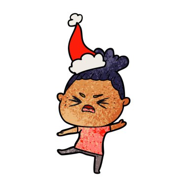 Noel Baba şapkası giyen bir öfkeli kadın, dokulu çizgi film el çekilmiş