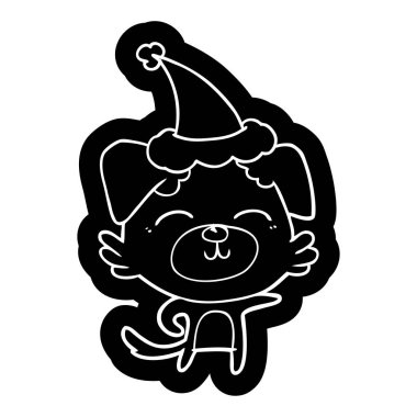 ilginç çizgi film simgesi giyen Noel Baba şapkası işaret eden bir köpek