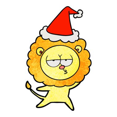 Noel Baba şapkası giyen sıkılmış aslan dokulu çizgi film