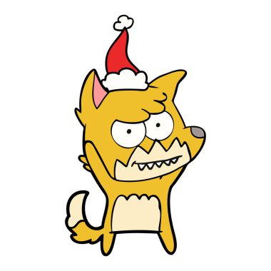 çizim için Noel Baba şapkası giyen bir sırıtış Fox el çekilmiş