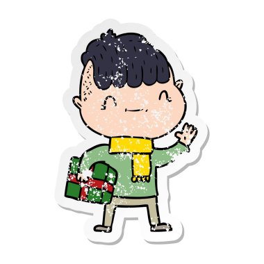 bir çizgi film dostu çocuk Noel hediyesi ile sıkıntılı etiket