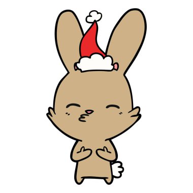 meraklı bunny el çizilen çizgi çizme giyen Noel Baba şapkası