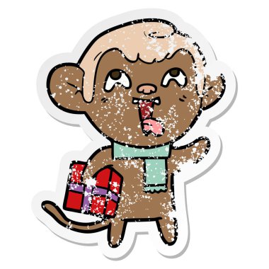 Noel hediyesi ile deli karikatür maymun sıkıntılı etiket