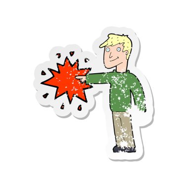 Retro etiket bir karikatür işaret eden adamın sıkıntılı