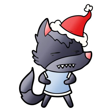 Noel Baba şapkası giyen diş gösterilen kurt degrade çizgi film el çekilmiş