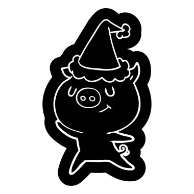 Noel Baba şapkası giyen bir domuz mutlu ilginç çizgi film simgesi