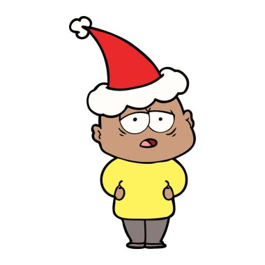 çizim için Noel Baba şapkası giyen yorgun bir kel adamın el çekilmiş