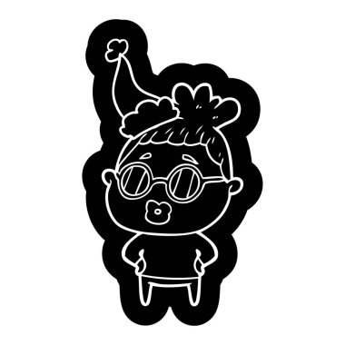 Noel Baba şapkası giyen gözlük takan bir kütüphaneci kadının ilginç çizgi film simgesi