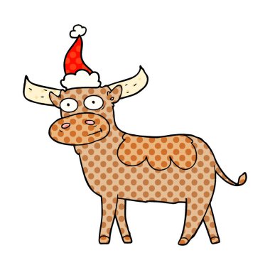 Noel Baba şapkası giyen bir boğa çizgi roman tarzı gösteren resim