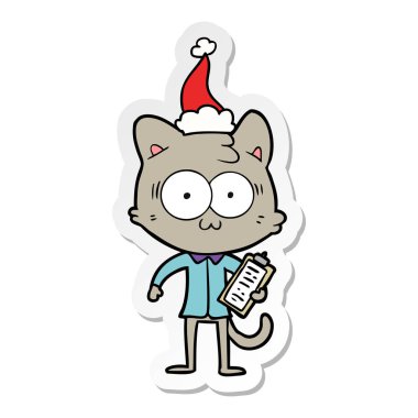 etiket karikatür Noel Baba şapkası giyen bir sürpriz ofis işçi kedi el çekilmiş