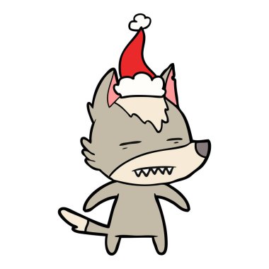 çizim için Noel Baba şapkası giyen diş gösterilen kurt