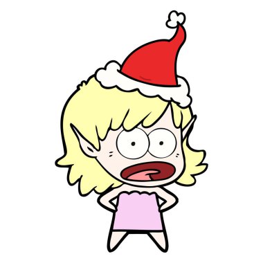 Noel Baba şapkası giyen bir şok elf kız çizgi çizme