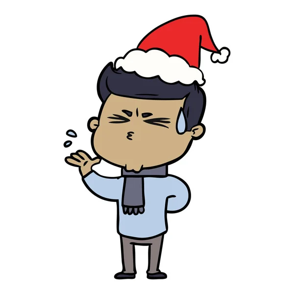 Dessin Main Homme Transpirant Portant Chapeau Père Noël — Image vectorielle