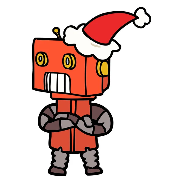 Dibujo Línea Dibujado Mano Robot Con Sombrero Santa — Vector de stock