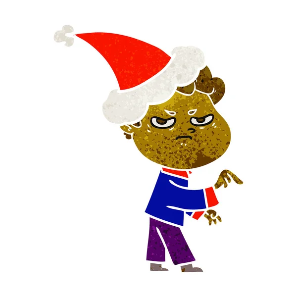Handgezeichnete Retro Karikatur Eines Wütenden Mannes Mit Weihnachtsmütze — Stockvektor