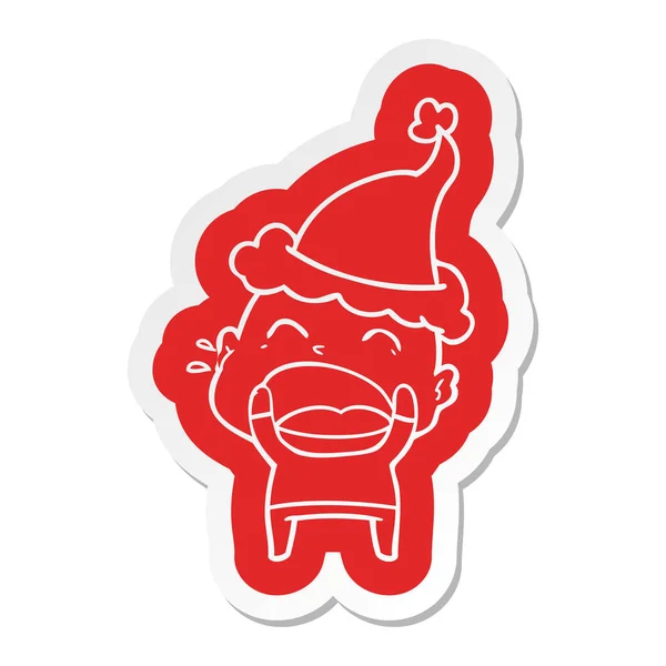 一个大喊大叫的秃头男子戴着圣诞老人帽的古怪卡通贴纸 — 图库矢量图片