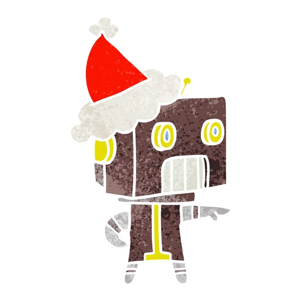 Dibujos Animados Retro Dibujados Mano Robot Con Sombrero Santa — Vector de stock