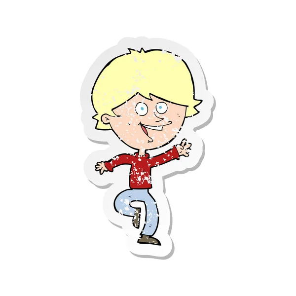 Retro angustiado adesivo de um desenho animado feliz acenando menino —  Vetores de Stock