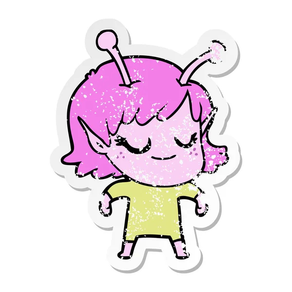 Distressed Sticker Smiling Alien Girl Cartoon — Stock Vector