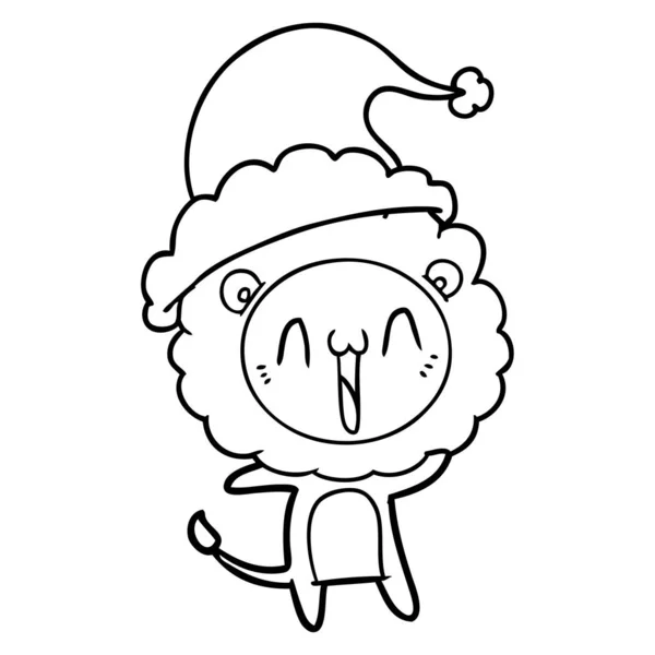 Happy Hand Drawn Line Drawing Lion Wearing Santa Hat — Stock Vector