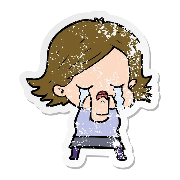 Distressed Sticker Cartoon Girl Crying — Stock Vector