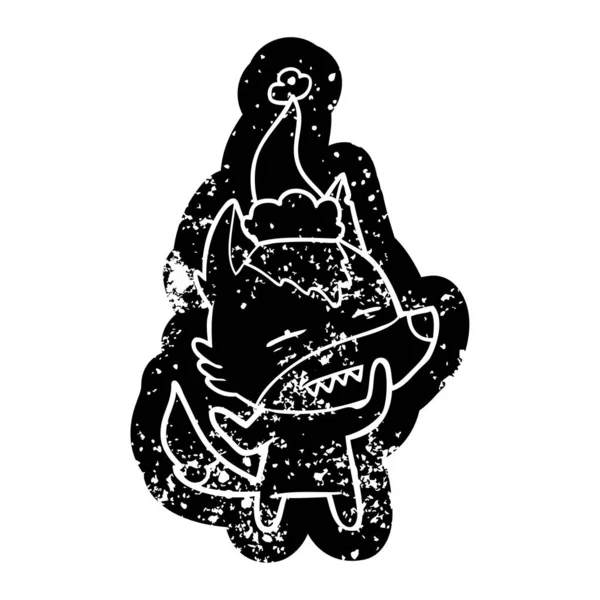 Cartoon nödställda ikonen av en varg visar tänder bära santa ha — Stock vektor