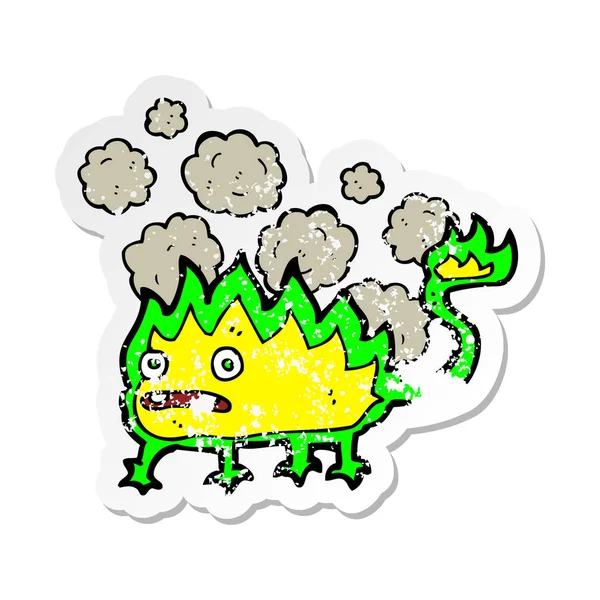 Retro Noodlijdende Sticker Van Een Cartoon Weinig Fire Demon — Stockvector