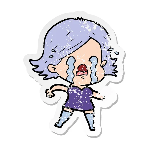 Distressed Sticker Cartoon Woman Crying — Stock Vector