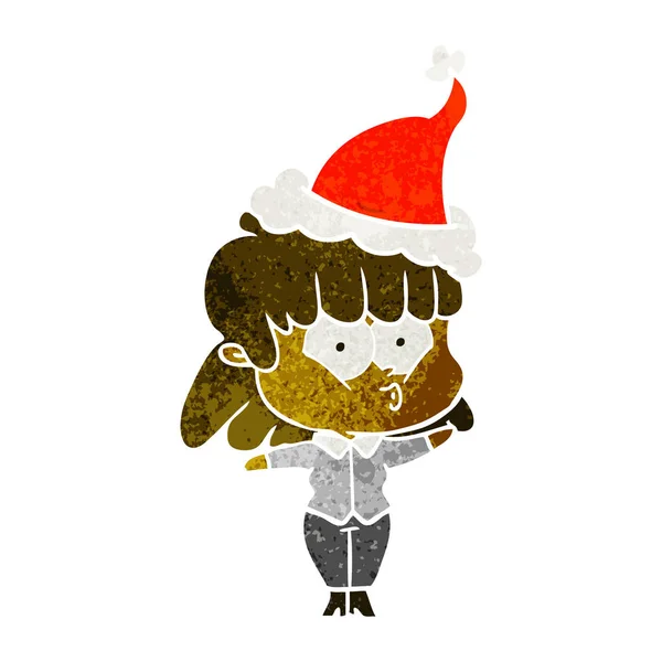 Hand Drawn Retro Cartoon Whistling Girl Wearing Santa Hat — Stock Vector