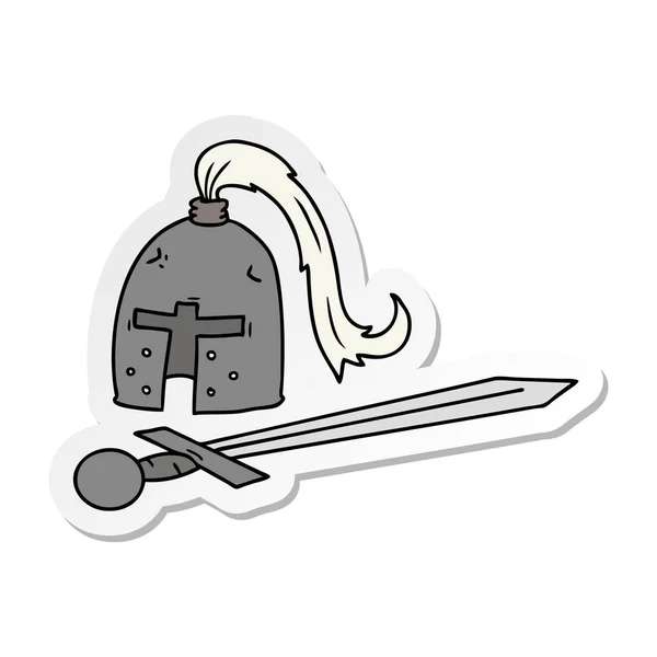 Hand Getekende Sticker Cartoon Doodle Van Een Middeleeuwse Helm Zwaard — Stockvector