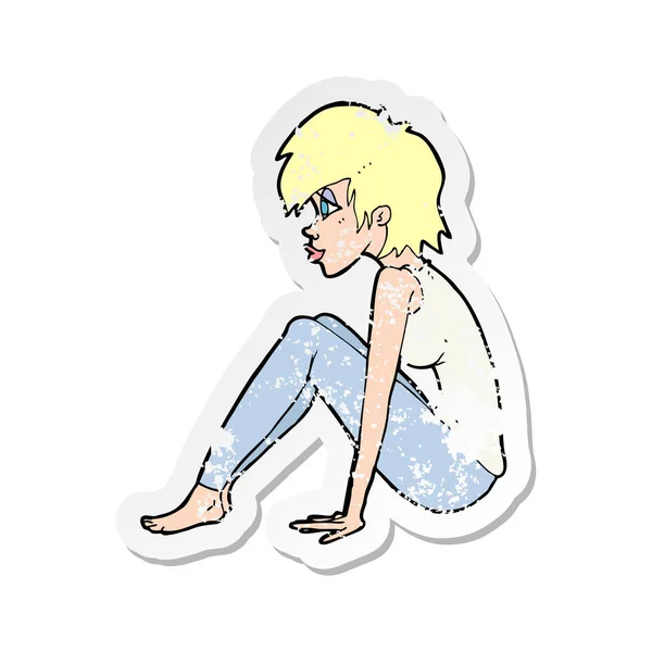 Retro distressed sticker of a cartoon woman sitting — Stock Vector