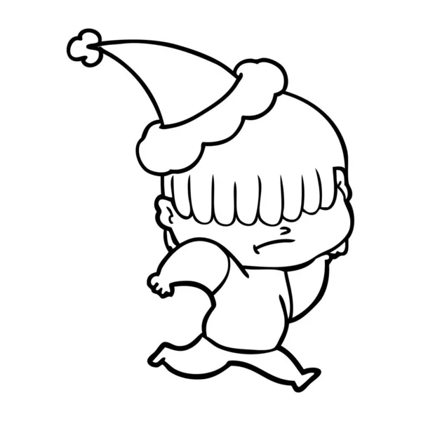 Linha de desenho de um menino com cabelo desarrumado usando chapéu de santa — Vetor de Stock