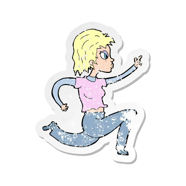 Retro Noodlijdende Sticker Van Een Cartoon Vrouw Uitgevoerd Wijzen — Stockvector