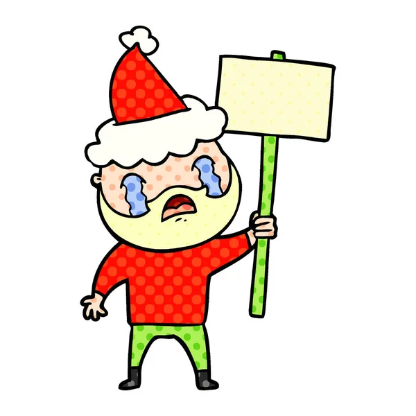 Handgezeichnete Illustration Eines Bärtigen Demonstranten Der Weint Und Einen Weihnachtsmannhut — Stockvektor