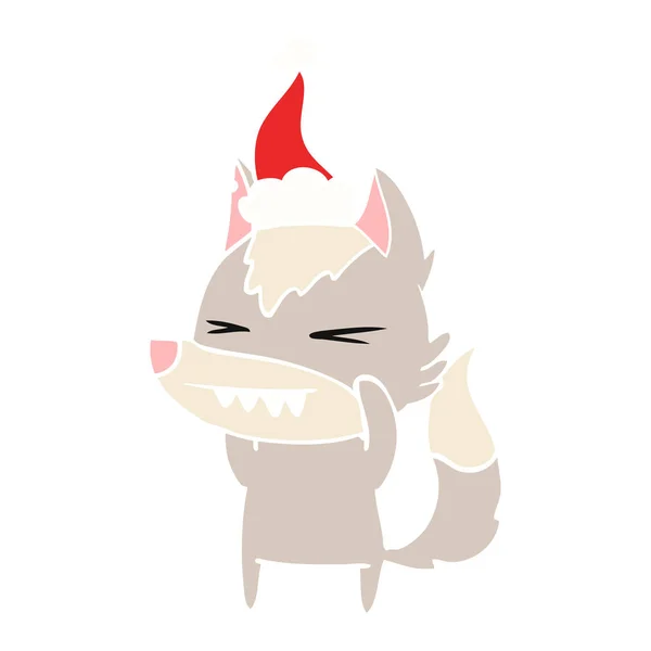 Angry Wolf Hand Drawn Flat Color Illustration Wearing Santa Hat — Stock Vector