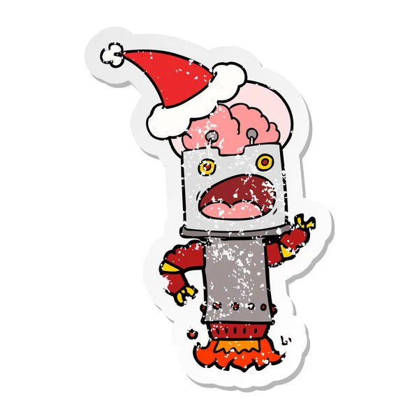 Hand Drawn Distressed Sticker Cartoon Robot Wearing Santa Hat — Stock Vector