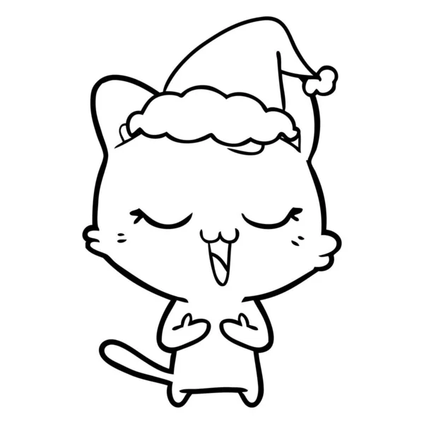 Happy Hand Drawn Line Drawing Cat Wearing Santa Hat — Stock Vector