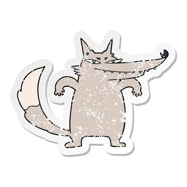 Verontruste sticker van een sluwe cartoon wolf — Stockvector