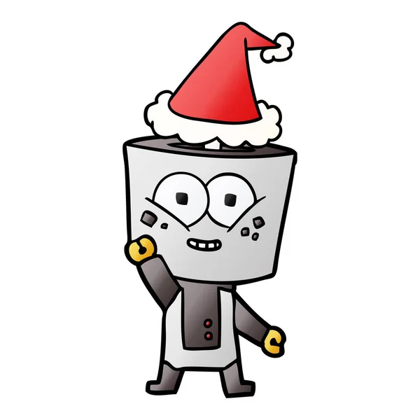 안녕하세요 산타 모자를 흔들며 로봇의 행복 그라데이션 만화 — 스톡 벡터