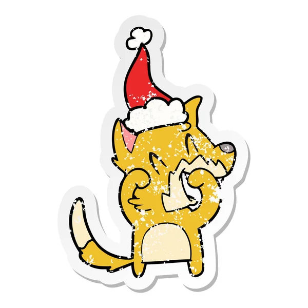 Lachender Fuchs beunruhigt Aufkleber Karikatur eines Weihnachtsmannes — Stockvektor